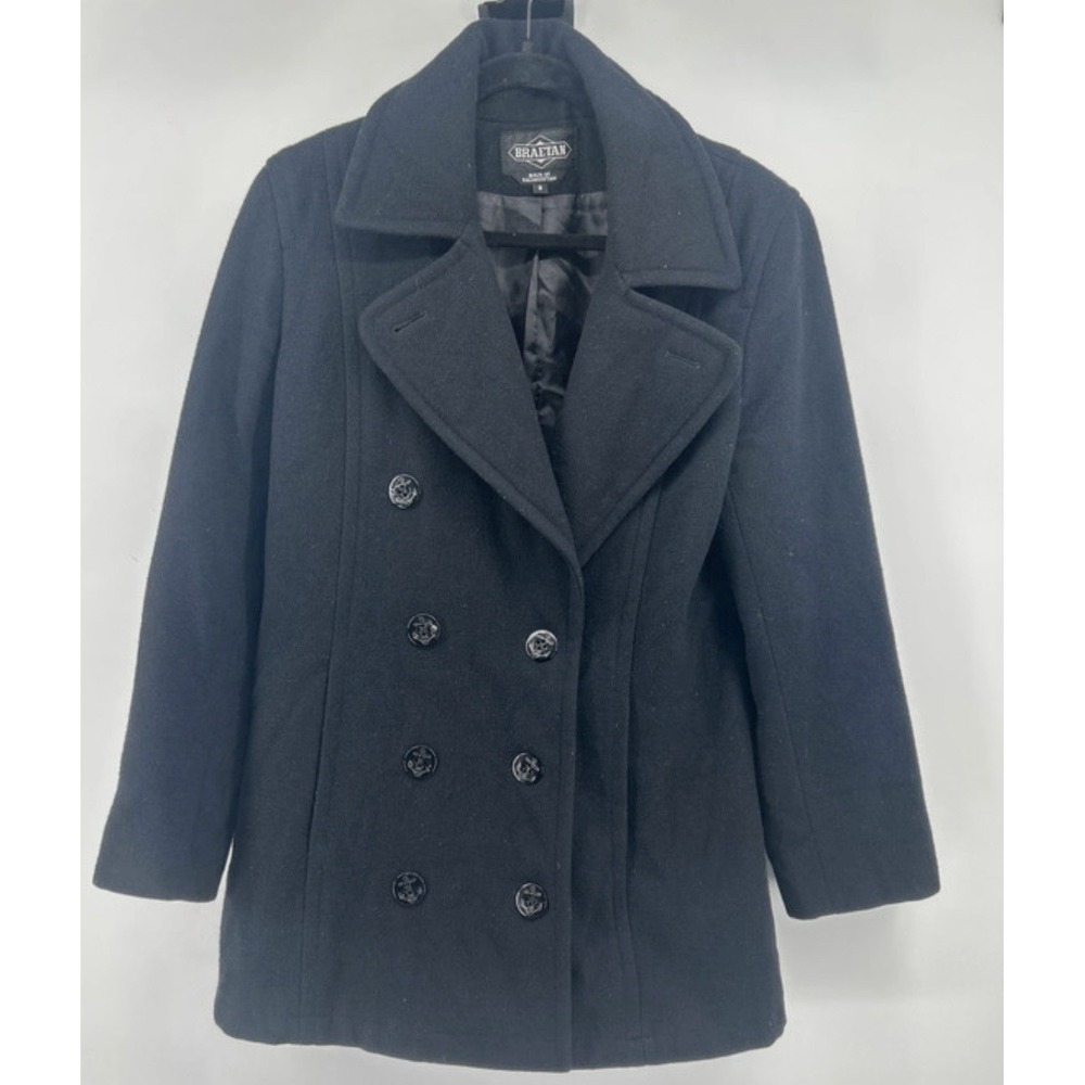 Braetan Black Double Breasted 100% Wool Pea Coat Women's Size 8 Preppy & Classic